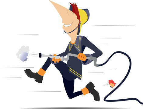 Cheerful running firefighter with a fire hose
