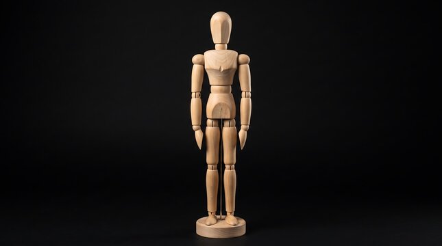 A wooden artist mannequin standing upright isolated on a solid dark black studio background for drawing and sketching reference