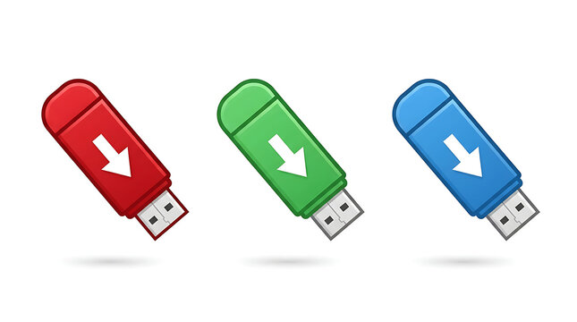 Three colorful usb flash drives in a row