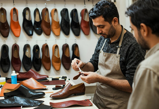 Artisan shoemaking and traditional craftsmanship, man working on handmade leather shoes in a workshop with hanging footwear
