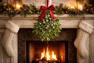 Naklejka premium Cozy festive fireplace with decorations.