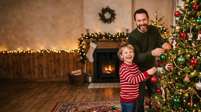 Father and son smiling while decorating a christmas tree together in a cozy living room with a lit fireplace in the background, christmas