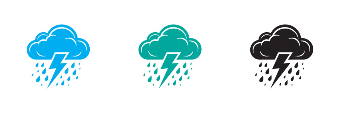 Stormy Weather Icons Set Featuring Rain Cloud and Lightning Bolt in Blue, Teal, and Black Styles for Weather Forecast Apps, Climate Reports, and Web UI Design .