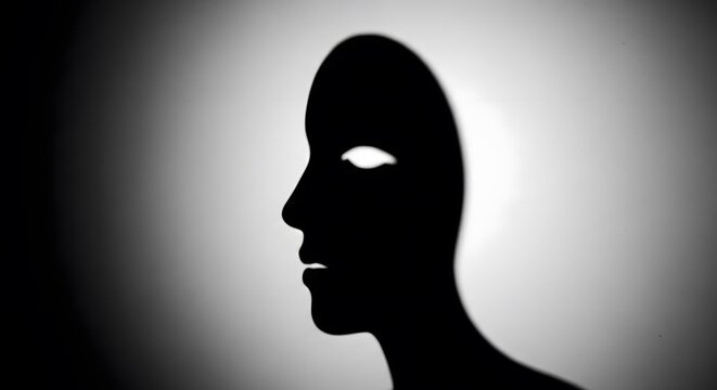 Dark silhouette of a human head in profile with a glowing bright white single eye