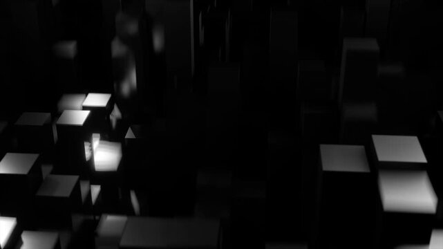 Abstract dark background with 3D metallic black cubes and geometric blocks for modern technology and architecture concept.