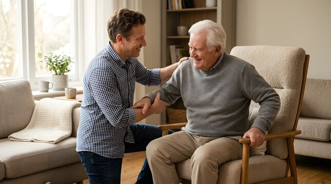 Elderly care, man and caregiver in living room with support, nursing and home health assistance. Senior person, family and helping hand in house with empathy, mobility, wellness and kindness today