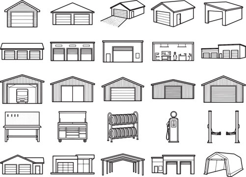 A collection of various garage and workshop building illustrations, showcasing different styles and architectural elements, alongside essential automotive service equipment.