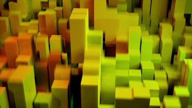 Abstract Yellow Green 3D Cubes Background with Vibrant Geometric Blocks and Depth of Field.
