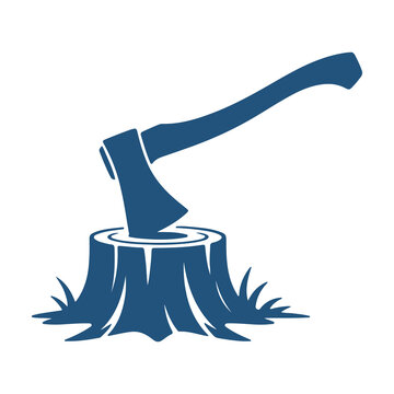 3D blue axe embedded in tree stump with sharp blade and fresh cut wood texture for design projects