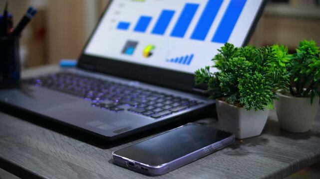 Businessman picking up smartphone from office desk after finishing work, representing end of workday and business completion.