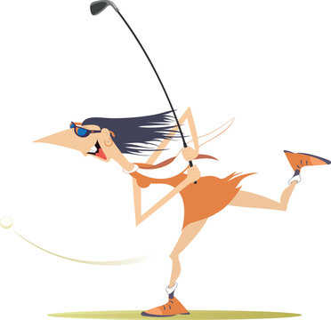 Good shot. Funny golfer woman on the golf course. 