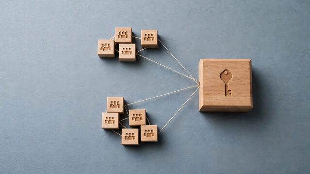 Wooden people blocks connected to central key symbol for access control team security and authorization concept
