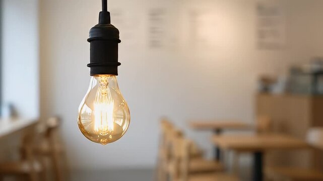 Hanging Edison bulb in warm cafe interior.
