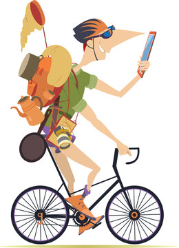 Smiling traveler with smart phone rides a bicycle