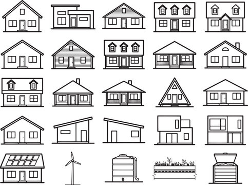 Collection of architectural house icons depicting various styles and designs, including modern and traditional homes, alongside a wind turbine and solar panels.
