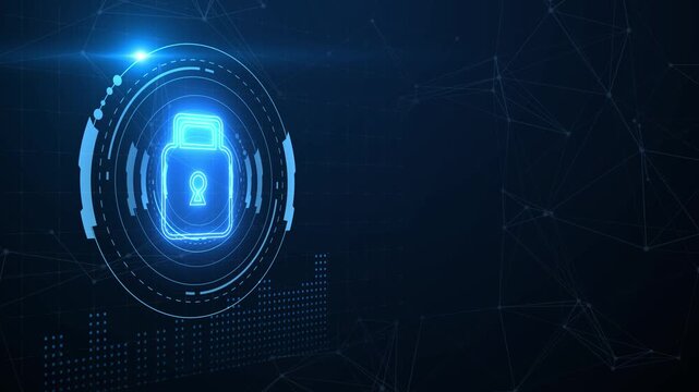 Cyber security interface with biometric and AI-powered protection system. Cyber security secures access, cybersecurity protects identity, cybersecurity detects threats, and defends data.