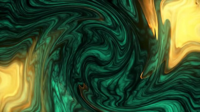 Abstract Swirling Emerald Green and Gold Liquid Motion Background.
