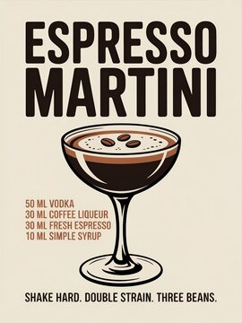 Espresso Martini cocktail recipe poster in a retro flat vector screen print style