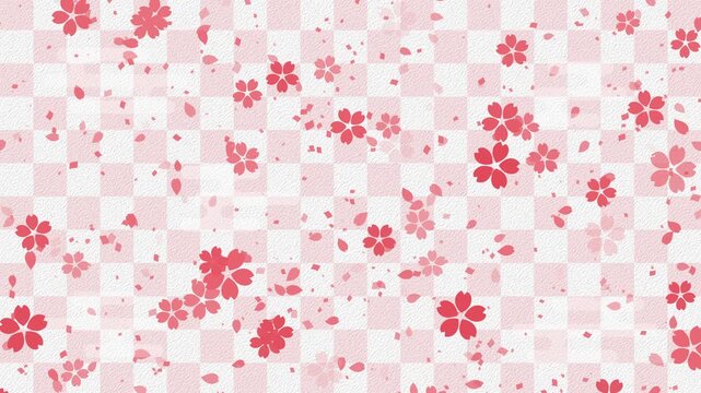 桜01 小 赤 紙吹雪 赤 下降 パターン01 エ霞 市松模様02 ループ （淡い赤 背景）