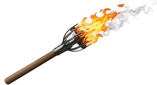 Burning metal torch with bright orange flames isolated on a Transparent background