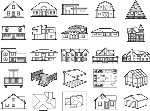 A collection of simple, stylized architectural illustrations depicts various house types, from modern homes to traditional designs, showcasing different rooflines and building styles in a clean.