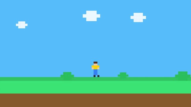 Retro pixel art landscape featuring multiple characters walking across a simple green meadow background with video displays minimalist identical figures walking