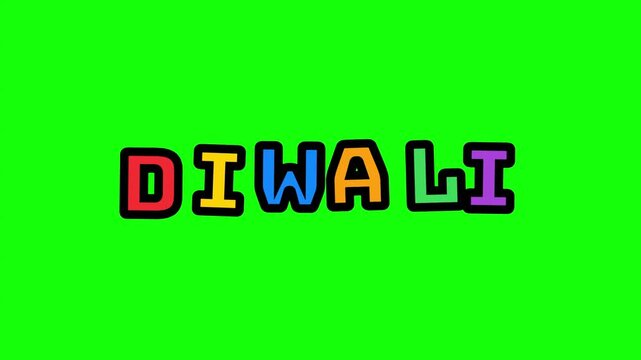 Animated colorful diwali text bouncing against a bright solid green screen chroma key background with repeatedly bouncing shifting diwali vibrant multicolored multicolored block letters