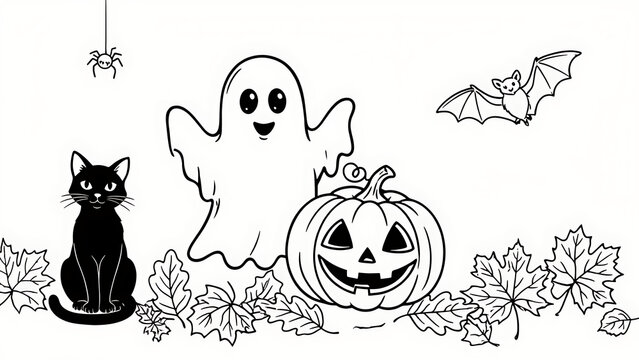 A cheerful ghost standing beside a carved jack-o-lantern and a black cat surrounded by falling leaves, created with generative ai for Halloween coloring pages.
