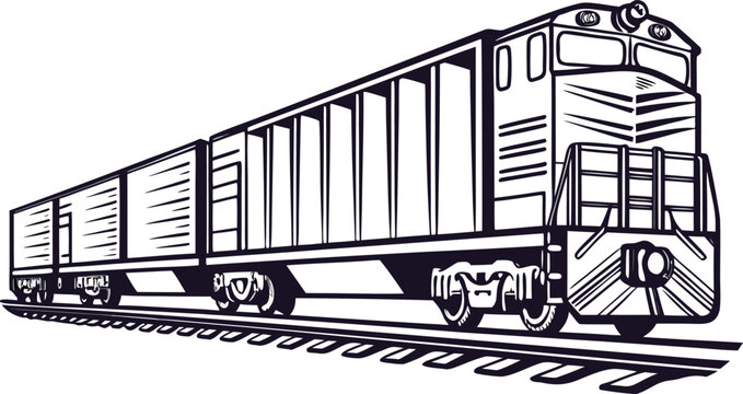 Heavy freight cargo train locomotive on railroad tracks, monochrome line art vector illustration of industrial train transport isolated on transparent background.