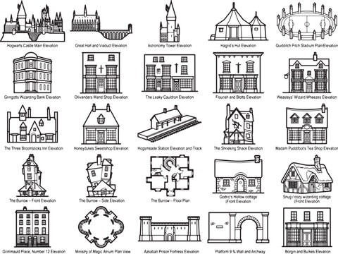 A collection of architectural illustrations showcasing diverse buildings, including a castle, village homes, and a train station, presented in a clean, graphic style.