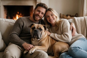 Naklejka premium Caucasian couple in 20s enjoy home comfort with dog. Cozy interior, fireplace warmth. Happy expressions, contented looks. Close bond, companionship evident. Leisurely setting, relaxed postures.