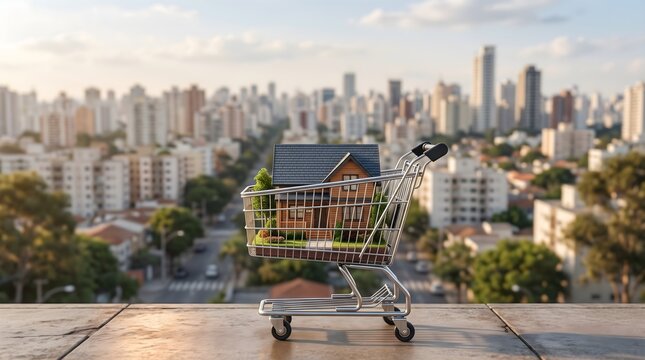 Miniature house inside shopping cart overlooking modern urban residential skyline