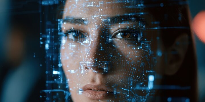 Biometric security workplace concept. Close-up of a woman's face merged with digital data and circuit patterns.