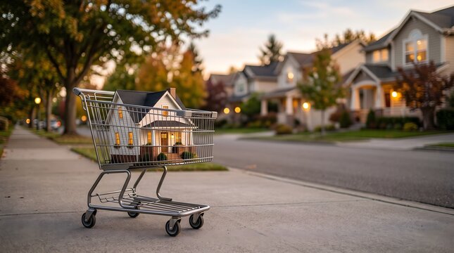 Miniature house in shopping cart on suburban street illustrating residential property purchase concept