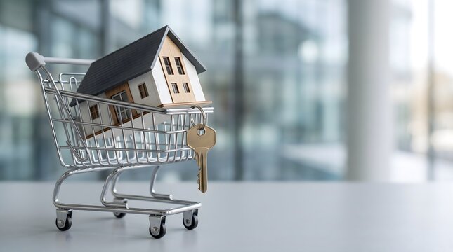 Miniature house and key inside shopping cart in modern office for home buying and property ownership concept