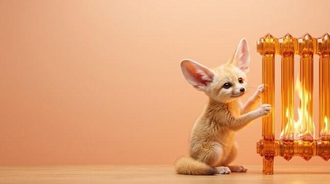 Tiny fluffy fennec fox warming its paws near transparent amber glass radiator with soft fire inside, adorable animal cozy heating winter energy saving concept pastel background with copy space