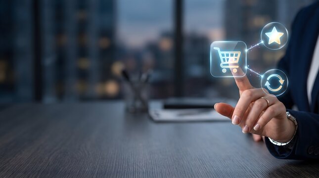 Businessperson touching digital shopping cart icon connected with rating and repeat purchase symbols