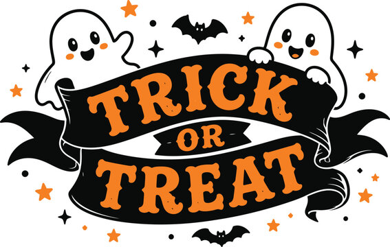 Trick or treat text banner with cute ghosts bats and stars for spooky halloween party design.