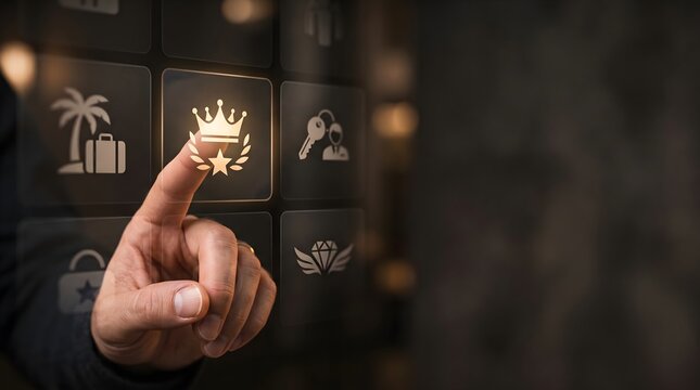 Hand selecting premium membership crown icon from digital benefits interface with travel key and reward symbols