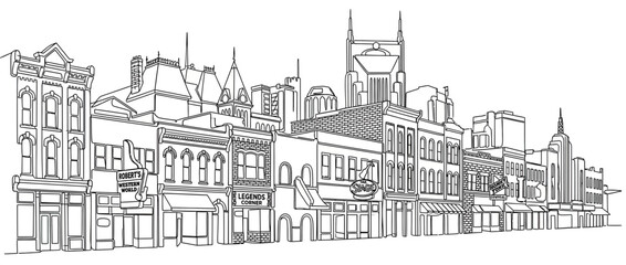 Obraz premium Line Art Cityscape with Historic Buildings and Modern Structures