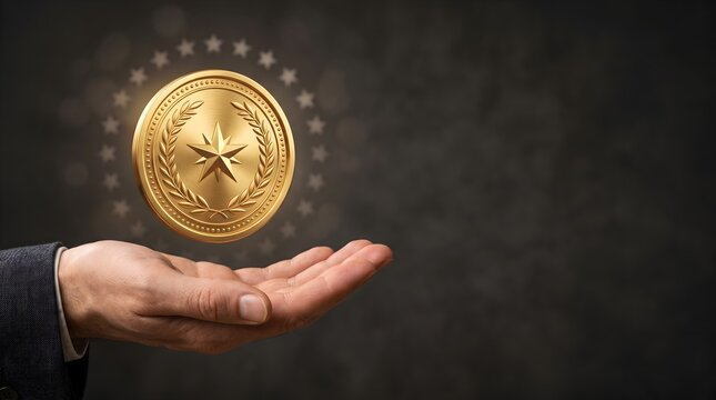 Open hand presenting floating gold award medal with star and laurel design on dark background