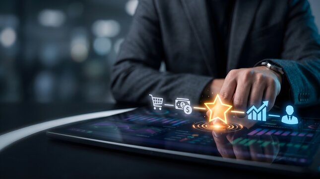 Businessperson activating glowing loyalty star in digital commerce interface with payment and growth icons
