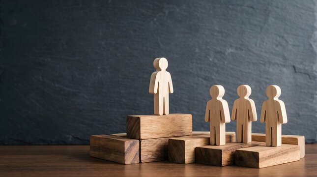 Wooden leader figure elevated above team members on blocks illustrating leadership and organizational hierarchy