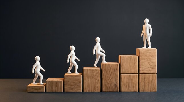 Wooden people figures climbing ascending blocks toward top position representing career growth and advancement