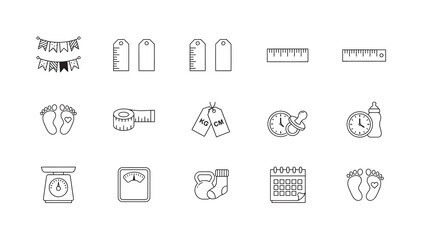 Fototapeta premium Baby milestone doodle icon set featuring banners measurements scales and feeding tools for newborn journal designs.