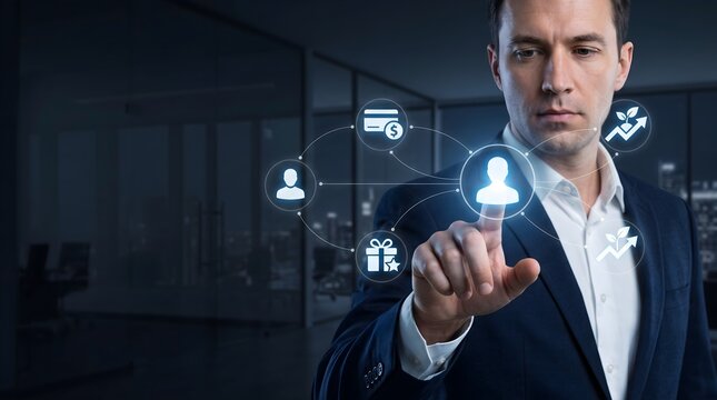 Businessperson selecting customer profile in digital network with payment rewards and sustainable growth icons