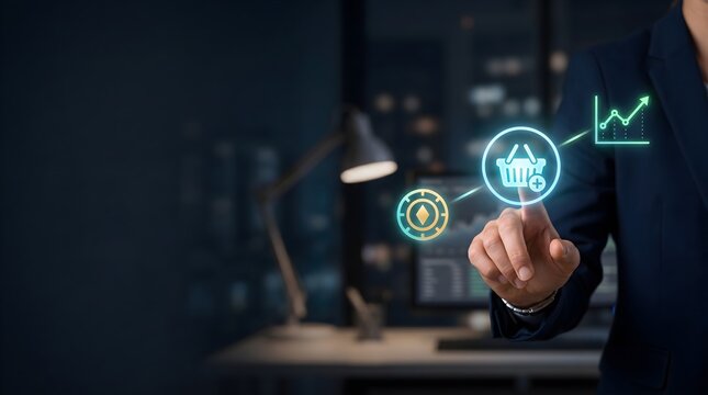 Businessperson pressing digital shopping basket icon connected with growth analytics in modern office
