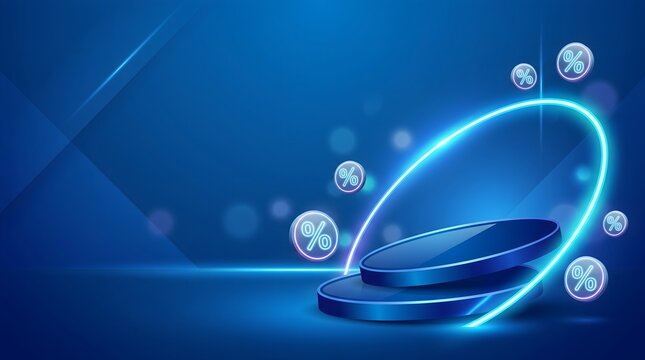 Blue neon product podium with floating percentage symbols and glowing circular frame for discount promotion