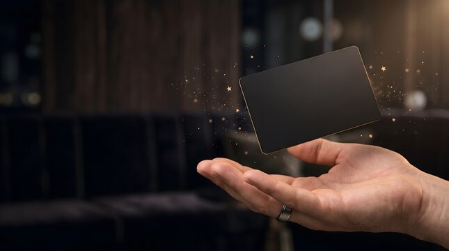Blank black premium membership card floating above open hand with golden sparkles on dark background
