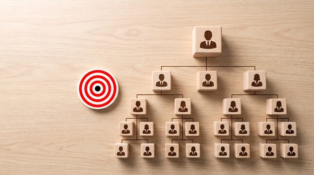 Wooden employee blocks arranged in organizational hierarchy beside target symbol